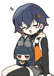 2girls absurdly_long_hair absurdres animal_ear_fluff animal_ears aqua_capelet belle_(zenless_zone_zero) black_gloves black_hair black_necktie black_shirt black_skirt black_thighhighs blue_hair blunt_bangs blunt_ends blush_stickers chibi closed_eyes commentary_request eating food food_on_face fruit gloves heart highres hime_cut holding holding_food hood hooded_jacket hoshimi_miyabi jacket jitome long-eared_miyabi_(meme) long_hair long_sleeves melon meme multiple_girls necktie orange_jacket shinonome_nashi shirt short_hair simple_background single_thighhigh sitting skirt sleeveless sleeveless_jacket thighhighs turtleneck very_long_ears very_long_hair watermark white_background white_shirt zenless_zone_zero