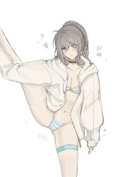 Rule 34 | 1girl, absurdres, black choker, bra, breasts, choker, cleavage, commentary, grey hair, heart, highres, honkai: star rail, honkai (series), jacket, medium breasts, medium hair, mossjelly, navel, panties, ponytail, simple background, solo, split, standing, standing on one leg, standing split, stelle (honkai: star rail), stomach, striped bra, striped clothes, striped panties, thigh strap, trailblazer (honkai: star rail), underwear, white background, white jacket, yellow eyes