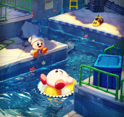 abandoned absurdres afloat blush building closed_eyes creature day fence happy highres innertube iron_fence kirby kirby_(series) kirby_and_the_forgotten_land light light_rays needlous nintendo open_mouth pointy_hat poppy_bros_jr signature sitting star_(symbol) starfish suyasuyabi swim_ring tongue water