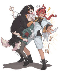 Rule 34 | !, 2girls, animal, black boots, black hairband, black pantyhose, blue eyes, boots, cat, commentary, dog, green jacket, green shorts, gundam, gundam suisei no majo, hairband, highres, holding, holding animal, holding dog, jacket, joker (jjjokerrr233), long sleeves, miorine rembran, multiple girls, one eye closed, pantyhose, parted lips, red hair, shadow, shorts, simple background, st bernard, suletta mercury, sweatdrop, thick eyebrows, white background, white hair, white jacket, white shorts