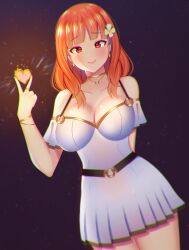 Rule 34 | 1girl, bambi (cozybambii), breasts, celica (fire emblem), cleavage, dress, earrings, fire emblem, fire emblem echoes: shadows of valentia, flower, hair flower, hair ornament, heart, highres, jewelry, large breasts, long hair, magic, necklace, nintendo, orange eyes, orange hair, red eyes, red hair, solo, v, white dress