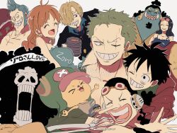 &gt;_&lt; 2girls 6+boys ^_^ afro black_hair blonde_hair blue_hair blue_nose brook_(one_piece) closed_eyes commentary_request curly_eyebrows dated facial_hair franky_(one_piece) goatee green_hair hair_over_one_eye happy_birthday highres jinbe_(one_piece) long_hair long_nose monkey_d._luffy multiple_boys multiple_girls mustache nami_(one_piece) nico_robin one_piece roronoa_zoro sanji_(one_piece) scar scar_across_eye scar_on_face sharp_teeth short_hair sideburns simple_background skeleton straw_hat_pirates teeth telushake_opnk tony_tony_chopper usopp v-shaped_eyebrows white_background