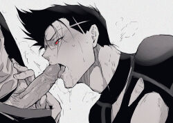 2boys barou_shouei blue_lock chuma_a_a clothes_pull erection fellatio greyscale highres licking licking_penis male_focus male_pubic_hair monochrome multiple_boys nagi_seishirou oral pants pants_pull penis pubic_hair red_eyes saliva short_hair simple_background spot_color tongue tongue_out veins veiny_penis yaoi