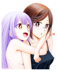 Rule 34 | 2girls, arms around neck, black camisole, breast press, breasts, brown eyes, brown hair, camisole, clothed female nude female, commentary request, covered erect nipples, glasses, hug, hug from behind, koga konoha, kusagakure satoko, multiple girls, ninja to koroshiya no futarigurashi, nude, open mouth, painting (medium), purple hair, red eyes, short hair, smile, traditional media, watercolor (medium), y takeshinu wan, yuri