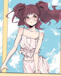 1girl bare_shoulders blue_sky blush breasts brown_hair cleavage cloud day dress earrings ev3_3er glasses jewelry kujikawa_rise long_hair parted_lips persona persona_4 pink-framed_eyewear sky solo strapless strapless_dress sundress twintails white_dress yellow_eyes