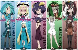 Rule 34 | 5girls, absurdres, akoya matama, anemo nemo, apron, araga kiwi, arms behind head, blonde hair, blue dress, blue hair, blue jacket, blue tunic, breasts, brown hair, character name, chizurutokihara, coat, cropped torso, crossed arms, demon horns, double bun, dress, evil smile, fangs, flat chest, full body, fur-trimmed coat, fur trim, green hair, green headwear, green jacket, hair bun, hair over one eye, hair ribbon, hand in own hair, highres, hiiragi utena, horns, jacket, leberblume, leoparde (mahou shoujo ni akogarete), loco musica, long bangs, long hair, long shirt, looking at viewer, magia baiser, mahou shoujo ni akogarete, medium breasts, morino korisu, multicolored hair, multiple girls, multiple views, nero alice, no pants, one eye closed, open mouth, partially shaded face, pink eyes, purple eyes, purple hair, red dress, ribbon, rubbing eyes, sandals, scowl, seductive smile, shoes, short hair, signature, small breasts, smile, sneakers, standing, standing on one leg, streaked hair, teeth, tunic, very long hair, white apron, white headwear, white ribbon, yellow eyes