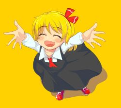 1girl :d arms_up ascot black_skirt black_vest blonde_hair blush closed_eyes collared_shirt commentary_request cookie_(touhou) fang flat_chest from_above full_body hair_ribbon highres long_sleeves nadeko_(cookie) open_mouth outstretched_arms red_ascot red_ribbon red_shoes ribbon rumia shirt shoes simple_background skin_fang skirt skirt_set smile solo spread_arms standing suisyu_chouman_chawan_no_kakera touhou vest white_shirt yellow_background