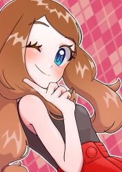 1girl ;) absurdres argyle_background black_shirt blonde_hair blue_eyes closed_mouth eyelashes highres long_hair looking_at_viewer nintendo one_eye_closed pitorigoto pokemon pokemon_xy red_skirt serena_(pokemon) shirt skirt sleeveless sleeveless_shirt smile solo twitter_username upper_body
