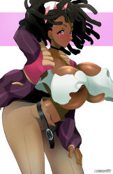 Rule 34 | 1girl, absurdres, alternate breast size, arm behind head, arm up, artist name, ass, ayukawa miyuki, basquash!, belt, black hair, blush, breasts, chanleefat, dark-skinned female, dark skin, dreadlocks, highres, huge breasts, jacket, nails, nipples, covered erect nipples, pink eyes, smile, white background