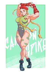 1girl abs armpits arms_up beret biceps blonde_hair blue_boots blue_eyes bodypaint boots braid breasts cammy_white covered_erect_nipples facial_scar full_body gloves green_background green_leotard hat highleg highleg_leotard leotard looking_at_viewer medium_breasts muscular muscular_female open_mouth pokkuti red_gloves red_hat scar scar_on_cheek scar_on_face simple_background solo standing street_fighter stretching twin_braids