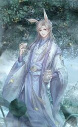 1boy animal_ears artist_request baishuo_(shining_nikki) blonde_hair blue_bow blue_hanfu blue_jacket bottle bow chinese_clothes choko_(cup) circlet cloud cloudy_sky crescent crescent_pin cup eyelashes faint_moon_dew_(shining_nikki) falling_leaves feet_out_of_frame fingernails game_cg grass hair_bow hair_bun hair_ornament hanfu happy highres holding holding_bottle holding_cup jacket layered_sleeves leaf light_particles long_hair long_sleeves looking_at_viewer male_focus nikki_(series) official_art open_clothes open_jacket open_mouth outdoors pink_eyes rabbit_ears sake_bottle shining_nikki sidelocks single_hair_bun sky smile solo standing tassel teeth tree upper_teeth_only very_long_hair waist_tassel wide_sleeves
