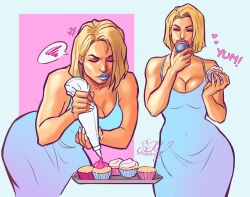 1girl artist_name baking bare_shoulders blonde_hair blue_dress blue_lips breasts cleavage closed_eyes cupcake curvy dress eating emma_frost food highres icing large_breasts lipstick makeup marvel marvel_rivals short_hair simple_background smile solo thick_thighs thighs veradia white_nails wide_hips x-men