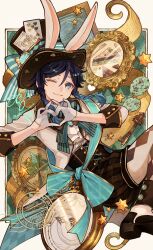 1boy absurdres androgynous black_hair braid cake cake_slice card clock food fork genshin_impact gradient_hair green_eyes hat heart highres knife looking_at_viewer male_focus mint mint_chocolate misoshiru_umai4 multicolored_hair one_eye_closed playing_card short_hair_with_long_locks smile solo star_(symbol) twin_braids venti_(genshin_impact)