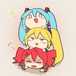 3girls ahoge akita_neru anger_vein big_head black_eyes black_sleeves blonde_hair blue_hair blush chibi chibi_only closed_eyes drill_hair hair_between_eyes hatsune_miku human_tower kasane_teto kasane_teto_(utau) multiple_girls open_mouth pink_background ryusei_wuraha side_ponytail simple_background stacking triple_baka_(vocaloid) twin_drills twintails utau vocaloid yellow_eyes