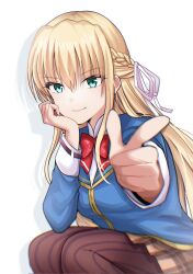 1girl black_pantyhose blonde_hair blue_jacket blush bow braid finger_gun green_eyes half_up_braid heaven_burns_red highres jacket long_hair long_sleeves pantyhose red_bow ribbon rrtp smile solo striped_clothes striped_pantyhose toujou_tsukasa vertical-striped_clothes vertical-striped_pantyhose white_ribbon