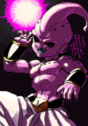 1boy absurdres antennae aqua_tongue belt belt_buckle black_background black_belt black_bracer black_nails black_sclera bracer buckle collarbone colored_sclera colored_skin colored_tongue cowboy_shot dragon_ball dragonball_z energy energy_ball evil_eyes evil_smile fangs gold_buckle gold_trim hands_up highres hole_on_body in_air kid_buu looking_ahead majin_buu male_focus navel no_eyebrows obata2nd open_mouth pants pectorals pink_skin red_eyes sharp_teeth shirtless_male simple_background smile solo teeth topless_male translation_request white_pants