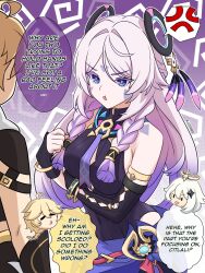 1boy 2girls aether_(genshin_impact) ahoge anger_vein artist_name blonde_hair braid chibi chibi_inset citlali_(genshin_impact) closed_eyes commentary english_commentary english_text facial_mark genshin_impact gradient_hair hair_between_eyes head_only highres jealous kulojawa long_hair multicolored_hair multiple_girls paimon_(genshin_impact) pink_hair pout purple_hair raised_eyebrow short_hair twin_braids two-tone_hair white_hair