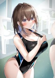 2girls adjusting_clothes adjusting_swimsuit black_one-piece_swimsuit blush breasts brown_hair chair collarbone competition_swimsuit cowboy_shot hair_between_eyes hawawa-chan_(sirokuma_shake) highres indoors large_breasts multiple_girls one-piece_swimsuit original out_of_frame purple_eyes sirokuma_shake swimsuit