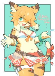 1girl animal_ear_fluff animal_ears animal_nose aqua_background aqua_eyes arm_ribbon armband armlet artist_name bangle bare_shoulders belt bikini bikini_skirt blonde_hair blue_background blush body_fur border bracelet breasts brown_fur claws cleavage collarbone cowboy_shot dagger english_text facial_mark fang front-tie_bikini_top front-tie_top furry furry_female green_background green_eyes green_ribbon hands_up happy highres jewelry knife looking_at_viewer medium_breasts medium_hair milestone_celebration multicolored_fur multicolored_hair navel one_eye_closed open_mouth orange_hair orange_ribbon original outside_border pouch puto_210 red_ribbon ribbon sarong see-through_clothes sheath sheathed short_hair sidelocks simple_background skin_fang small_breasts smile solo standing stomach striped_tail swimsuit tail tail_ornament tail_raised tail_ribbon thick_thighs thigh_strap thighs tiger_ears tiger_girl tiger_tail water water_drop weapon whisker_markings white_bikini white_border white_fur white_hair wrist_ribbon wristband yellow_fur