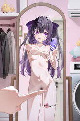1girl absurdres amaki-aria blush closet completely_nude egg_vibrator exhibitionism hair_ornament highres long_hair mirror mirror_selfie nude original phone pubic_hair public_indecency selfie sex_toy smile solo stuffed_animal stuffed_toy vibrator zenra