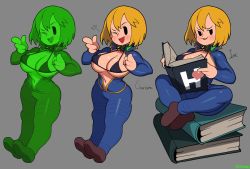 1girl artist_name bikini bikini_top_only blonde_hair book breasts collar english_text fallout grey_background hair_between_eyes highres jumpsuit large_breasts mob_face navel open_clothes pointing short_hair solid_oval_eyes swimsuit vault_girl vault_suit waa153