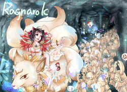 Rule 34 | !, !!, 2girls, anger vein, animal ears, arch bishop (ragnarok online), black hair, blonde hair, breasts, cat ears, cat girl, cave interior, chinese commentary, cleavage, commentary request, creature, crystal, detached sleeves, dress, fox, full body, fur collar, highres, kitsune, liao (slight0825), medium breasts, multiple girls, multiple tails, musical note, one-horn scaraba, open mouth, ragnarok online, red sandals, riding, sandals, short hair, side slit, smile, sorcerer (ragnarok online), spoken anger vein, spoken exclamation mark, spoken musical note, tail, two-horn scaraba, white dress, white sleeves