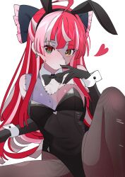 1girl ahoge animal_ears arm_support bare_shoulders black_bow black_bowtie black_gloves black_leotard bow bowtie breasts commentary detached_collar diamond-shaped_pupils diamond_(shape) earrings elbow_gloves english_commentary fake_animal_ears feet_out_of_frame finger_to_mouth fishnet_pantyhose fishnets frilled_bow frills gloves hana20000920 heart heterochromia highres hololive hololive_indonesia jewelry kureiji_ollie leotard long_hair messy_bangs multicolored_hair pantyhose patchwork_skin playboy_bunny rabbit_ears red_eyes red_hair simple_background small_breasts spread_legs stitched_arm stitched_chest stitched_face stitches streaked_hair sweat symbol-shaped_pupils torn_clothes torn_pantyhose virtual_youtuber white_background white_hair wrist_cuffs x-shaped_pupils yellow_eyes