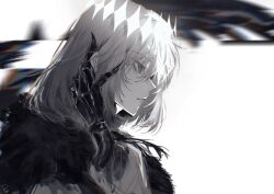 1boy absurdres arthropod_boy arthropod_limbs crown diamond_hairband fate/grand_order fate_(series) fur_trim greyscale highres male_focus medium_hair monochrome oberon_(fate) oberon_(third_ascension)_(fate) portrait pppeipeipipi solo upper_body white_background