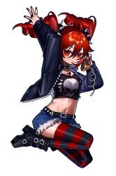 1girl alternate_costume arm_up belt black_belt black_boots black_jacket black_thighhighs blush boots collar commentary cropped_shirt denim denim_shorts drill_hair english_commentary fingernails flat_chest full_body gem hair_between_eyes holding holding_phone jacket jewelry kakosa_sama kasane_teto navel necklace phone platform_boots platform_footwear red_eyes red_hair red_nails red_thighhighs ring shirt short_shorts shorts simple_background solo spiked_collar spikes striped_clothes striped_thighhighs thighhighs twin_drills utau white_background zipper