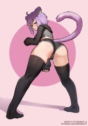 Rule 34 | 1girl, ahoge, animal ear fluff, animal ears, ass, black hoodie, black shorts, black thighhighs, blush, blush stickers, boosty username, cameltoe, cat ears, cat girl, cat tail, cropped hoodie, crossed bangs, dolphin shorts, from behind, hair between eyes, highres, hololive, hood, hoodie, legs apart, long sleeves, looking at viewer, looking back, micro shorts, nekomata okayu, no shoes, partially visible vulva, patreon username, pink background, purple eyes, purple hair, shadow, shiny skin, short hair, shorts, sleeves past fingers, sleeves past wrists, solo, standing, tail, thighhighs, virtual youtuber, watermark, web address, wersman