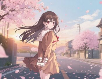 Rule 34 | 1girl, bang dream!, bang dream! it&#039;s mygo!!!!!, black hair, brown dress, cherry blossoms, closed mouth, commentary, dress, english commentary, falling petals, hanasakigawa school uniform, highres, long hair, momorex6, outdoors, petals, pleated dress, purple eyes, road, sailor collar, sailor dress, school uniform, shiina taki, solo, street, white sailor collar