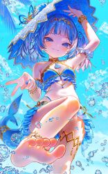 1girl :3 alternate_costume bikini blue_bikini blue_eyes blue_hair blue_nails blush bracelet diyokama feet fins fish_tail frilled_armlet frilled_bikini frilled_bikini_top frills gawr_gura gold_bracelet gold_thighlet hair_ornament highres hololive hololive_english jewelry looking_at_viewer midriff nail_polish navel shark_girl shark_tail solo splashing swimsuit tail v virtual_youtuber