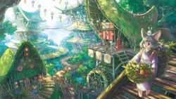 1girl 6+girls animal animal_ears animal_on_head architecture barefoot basket blue_eyes bridge closed_mouth day east_asian_architecture fantasy flower food fruit furry furry_female grey_hair holding holding_basket japanese_clothes kimono lantern long_sleeves mouse_ears multiple_girls nature obi object_on_head on_head original outdoors paper_lantern plant purple_kimono sash scenery short_hair smile stairs standing tree walking water yukoiwase