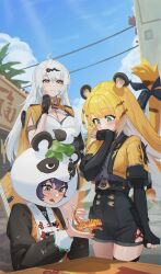 3girls absurdres animal_ear_fluff animal_ears belle_(zenless_zone_zero) black_gloves blonde_hair breasts cleavage cloud cloudy_sky collared_shirt elbow_gloves fingerless_gloves gloves green_eyes grey_eyes grey_shirt high-waist_shorts highres jacket ju_fufu medium_breasts multiple_girls outdoors purple_hair roro_(tpghksdlzpq) shirt shorts sitting sky small_breasts standing tail thigh_strap white_hair yixuan_(zenless_zone_zero) zenless_zone_zero