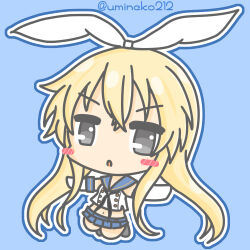 Rule 34 | 1girl, :o, animal ears, black neckerchief, blonde hair, blue background, blue outline, blue sailor collar, blue skirt, blush, blush stickers, bow, chibi, commentary request, crop top, cropped shirt, crossed bangs, elbow gloves, fake animal ears, full body, gloves, grey eyes, grey footwear, hair between eyes, hair bow, jumping, kantai collection, long hair, long sidelocks, looking at viewer, midriff, miniskirt, navel, neckerchief, no hair ornament, no legwear, one-hour drawing challenge, open mouth, outline, sailor collar, shimakaze (kancolle), shirt, sidelocks, simple background, skirt, sleeveless, sleeveless shirt, solo, twitter username, umineko212, very long hair, white bow, white gloves, white outline, white shirt