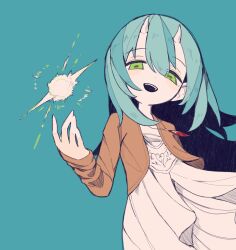 1girl absurdres blue_background blue_hair brown_jacket commentary_request cowboy_shot crystal_necklace demon_girl demon_horns dress floating_clothes green_eyes hair_between_eyes hand_up highres horns jacket jewelry korean_commentary long_hair long_sleeves looking_at_viewer magic meonjiuikkum necklace open_clothes open_jacket open_mouth simple_background smile solitar_(sousou_no_frieren) solo sousou_no_frieren standing teeth white_dress