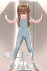 1girl backlighting blue_overalls blue_shoes blush breath brown_hair collarbone commission door embarrassed female_focus flat_chest full_body green_eyes green_ribbon hair_between_eyes hair_ornament hair_ribbon hands_up highres indoors leaf_hair_ornament legs_apart long_hair looking_down nose_blush open_mouth original overalls pee peeing peeing_self pocket puddle public_restroom ribbon shirt shoes short_sleeves sidelocks skeb_commission sneakers socks solo squat_toilet standing t-shirt tears tile_floor tiles toilet toilet_paper toilet_stall twintails urabe_miyabi wet wet_clothes white_shirt white_socks
