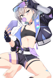 1girl absurdres adjusting_eyewear arm_up badge bandaid bandaid_on_leg belt black_gloves black_shorts blowing_bubbles breasts button_badge chewing_gum commentary_request earclip feet fingerless_gloves foot_out_of_frame gloves goggles goggles_on_head grey_eyes grey_hair highres honkai:_star_rail honkai_(series) isocha jacket looking_at_viewer midriff nail_polish navel open_clothes open_jacket short_shorts shorts silver_wolf_(honkai:_star_rail) simple_background small_breasts soles solo stomach thigh_strap v-shaped_eyebrows white_background white_belt