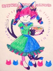 1girl :3 animal_ears animal_hands ankle_ribbon bell black_bow black_shoes blunt_bangs bow bowl braid cat_ears cat_paws cat_tail colored_pencil_(medium) dress emphasis_lines food frilled_dress frilled_shirt_collar frills furukawa_(yomawari) green_dress hair_bow holding juliet_sleeves kaenbyou_rin leg_ribbon long_sleeves multiple_hair_bows multiple_tails neck_bell noodles puffy_sleeves red_hair ribbon shoes simple_background solo soup tail tied_sleeves touhou traditional_media twin_braids two_tails