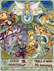 Rule 34 | 3boys, 4girls, angela (seiken densetsu 3), anniversary, bare shoulders, black helmet, blonde hair, blue dress, blue eyes, blue gemstone, blue hair, blue hat, blue leotard, breasts, brown hair, charlotte (seiken densetsu 3), clawed gauntlets, cleavage, clenched hand, crossed legs, dagger, detached collar, detached sleeves, dress, duran (seiken densetsu 3), earrings, faerie (seiken densetsu 3), fairy, fairy wings, finger to mouth, flower, fur-trimmed jacket, fur trim, furrowed brow, gem, gloves, green eyes, hair flower, hair ornament, hat, hawkeye (seiken densetsu 3), helmet, highres, holding, holding dagger, holding knife, holding polearm, holding weapon, hori wo, jacket, jewelry, kevin (seiken densetsu 3), knife, leotard, long hair, medium breasts, multiple boys, multiple girls, one eye closed, orange gloves, orange shirt, pants, parted bangs, pointy ears, polearm, purple hair, red pants, riesz, seiken densetsu, seiken densetsu 3, shirt, short hair, sidelocks, skirt, smile, tongue, tongue out, upper body, weapon, white skirt, wings, yellow eyes