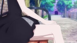 1girl animated anime_screenshot ass bare_legs black_dress black_ribbon black_shoes ciel_(kizetsu_yuusha) dress hair_over_one_eye hair_ribbon highres kizetsu_yuusha_to_ansatsu_hime looking_at_viewer red_eyes ribbon shoes short_hair smile sound tagme thighs video white_hair