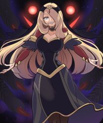 1girl black_choker black_dress blonde_hair breasts choker cleavage commentary cynthia_(pokemon) cynthia_(sygna_suit)_(renegade)_(pokemon) dress english_commentary eyelashes gen_4_pokemon giratina grey_eyes hair_ornament hair_over_one_eye legendary_pokemon long_hair long_sleeves looking_at_viewer missandydandy nintendo official_alternate_color official_alternate_costume pokemon pokemon_(creature) pokemon_masters_ex red_sleeves smile tiara very_long_hair