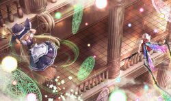 2girls apron battle black_hat black_skirt black_vest blonde_hair blush boots bow braid breasts broom brown_boots building commentary_request corset crystal_wings danmaku evil_smile flandre_scarlet flying frilled_apron frills hat hat_ribbon highres holding holding_broom indoors kirisame_marisa lantern long_hair magic magic_circle mini-hakkero mob_cap multicolored_wings multiple_girls puffy_short_sleeves puffy_sleeves red_eyes red_ribbon red_shoes red_skirt red_vest ribbon scarlet_devil_mansion shirt shoes short_sleeves side_braid side_ponytail skirt smile star_(symbol) teruteru12 tile_floor tiles touhou very_long_hair vest waist_apron white_apron white_bow white_hat white_ribbon white_shirt wings witch_hat yellow_eyes