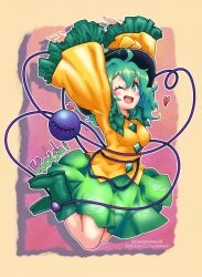 1girl arms_up black_hat boots buttons carbohydrate_(asta4282) contrast_collar diamond_button eyeball frilled_shirt_collar frilled_sleeves frills green_boots green_eyes green_hair green_skirt hat hat_ribbon heart highres jumping koishi_day komeiji_koishi midair one_eye_closed outstretched_arms ribbon shirt skirt smile third_eye touhou wide_sleeves yellow_ribbon yellow_shirt