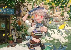1girl :d bag bare_shoulders black_ribbon blue_gloves book detached_sleeves gloves grey_hair hair_ribbon hand_up looking_at_viewer open_mouth original outdoors paper_bag red_eyes ribbed_sweater ribbon sleeveless sleeveless_sweater smile solo sweater teeth upper_teeth_only white_sweater yutsumoe
