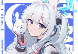 1girl animal_ears black_gloves blue_archive blue_halo blue_serafuku braid character_name fake_animal_ears gloves grey_hair halo highres long_hair long_sleeves meliach miyako_(blue_archive) neckerchief one_side_up pink_gloves pink_neckerchief purple_eyes rabbit_ears sailor_collar school_uniform serafuku solo two-tone_gloves upper_body white_sailor_collar