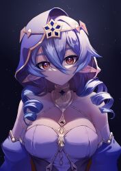 Rule 34 | 1girl, absurdres, bare shoulders, black background, blue hair, blue hood, blue sleeves, breasts, brown eyes, cleavage, commentary, detached sleeves, drill hair, ear covers, genshin impact, gold choker, hair between eyes, highres, large breasts, layla (genshin impact), long hair, looking at viewer, parted lips, pointy ears, puffy sleeves, sazanka, sleeveless, solo, teeth, upper body