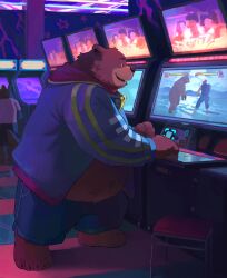 Rule 34 | 1boy, absurdres, akuma (street fighter), animal ears, arcade, arcade cabinet, barefoot, bear boy, bear ears, belly, blue jacket, blue pants, brown fur, claws, commentary, english commentary, fat, fat man, furry, furry male, highres, huynh minh duy, jacket, kuma (tekken), looking at screen, male focus, navel, obese, open mouth, original, pants, smile, standing, street fighter, tekken, tekken 7