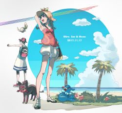 1boy 1girl absurdres armpits backpack bag beach black_hair blue_sky braid bucket_hat cloud copyright_name day elio_(pokemon) floral_print full_body game_freak gen_7_pokemon handbag hat highres holding holding_poke_ball leggings litten long_hair nintendo ocean open_mouth outdoors palm_tree poke_ball pokemon pokemon_(creature) pokemon_usum popplio release_date rifu_(hunihuni1130) rowlet selene_(pokemon) selene_(pokemon_usum) short_hair sky smile standing starter_pokemon_trio sun_hat tank_top tree twin_braids water you_(pokemon_usum)