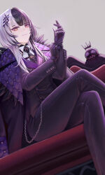 Rule 34 | 1girl, absurdres, adjusting clothes, adjusting gloves, black eyeliner, black gloves, black hair, black necktie, black pants, buttons, chain, coat, eyelashes, eyeliner, formal clothes, fur-trimmed coat, fur trim, gloves, grey hair, hair ornament, highres, hololive, hololive english, jacket, long hair, looking at viewer, makeup, mcking, multicolored hair, necktie, pants, shiori novella, sitting, smile, solo, split-color hair, suit, suit jacket, two-tone hair, virtual youtuber, white fur, white hair, yellow eyes, yorick (shiori novella)